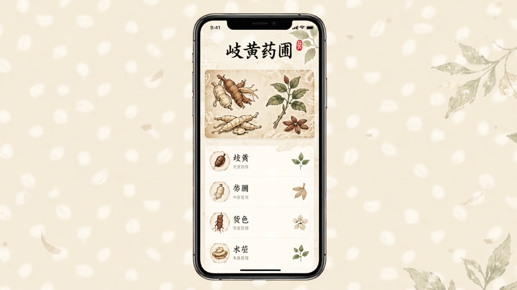 一款名为“岐黄药圃”的手机应用界面展示,画面中央是打开的手机屏幕,屏幕内显示着古朴的中药材插画和整齐的图文列表,背景是淡雅的米黄色,布局简洁清晰,风格是清新国风手绘,细节上带有淡淡的草药纹理,画质干净明亮,无多余元素