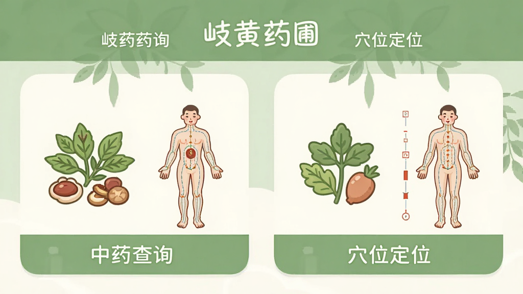 一张展示“岐黄药圃”应用内工具页面的图片,画面中并排展示着“中药查询”和“穴位定位”两个功能卡片,卡片上有精致的草药图标和人体经络简图,布局对称,风格是扁平化插画风,细节上图标圆润可爱,画质干净整洁,无多余元素
