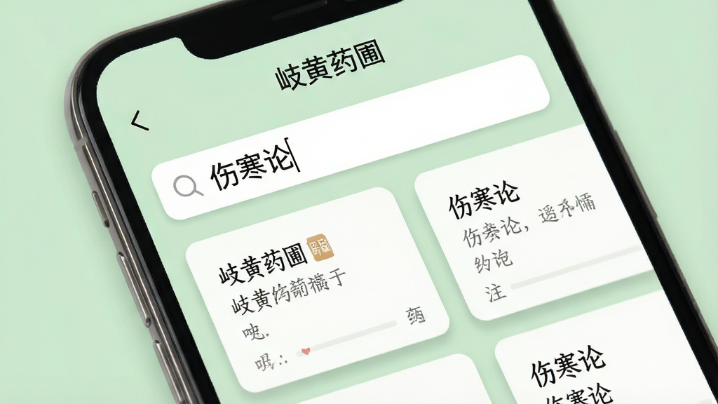 手机屏幕特写,屏幕上显示“岐黄药圃”应用内的搜索界面,搜索框内输入着“伤寒论”,下方整齐排列着相关的条文和注释卡片,背景是柔和的浅绿色,风格是简约现代扁平化,细节上卡片有轻微的阴影效果,画质清晰干净,无多余元素