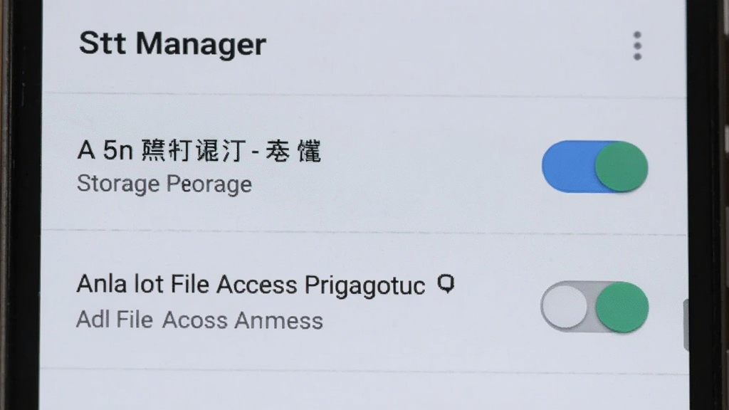 一部安卓手机屏幕上显示Manager的权限设置界面,画面中有存储权限和所有文件访问权限的开关按钮,背景为浅色,风格简洁,画质清晰,无多余元素
