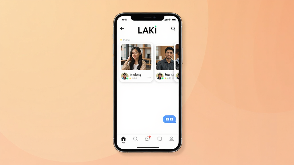 LAKI �罻����������չʾ�������������ֻ���Ļ����Ļ����ʾ LAKI Ӧ�ý��棬������ LAKI ��־���м����Ƽ��û���Ƭ����������ͼ�꣬�ײ���������������������͵�ůɫ�����䣬����ִ���࣬���ʸɾ����޶���Ԫ��