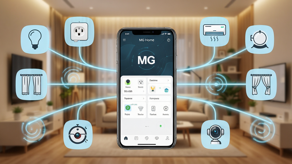 MG Home���ܼҾӹ�������չʾȫ���豸���ӳ�����������һ���ֻ���Ļ��ʾMG HomeӦ�ý��棬��Χ�����Ÿ��������豸ͼ�꣬�������ܵ��ݡ����ܲ������յ���ɨ�ػ����ˡ����ܴ���������ͷ���豸ͼ��ͨ������ɫ�������ֻ���Ļ����������ͳһ���ƣ���������ܰ���ִ��Ҿӻ����������Ƽ��У����־��жԳƣ����������ɾ����޶���Ԫ��