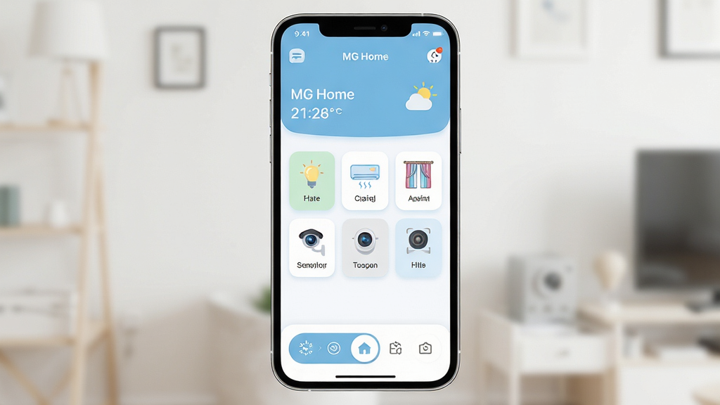 MG Home���ܼҾӹ�������������չʾ�������������ֻ���Ļ����Ļ����ʾMG HomeӦ�ý��棬������ǳ���Ͱ�ɫΪ��ɫ����������ʾ��ͥ���ƺ�������Ϣ���в��Ǹ��������豸��ͼ�꿨Ƭʽ���У������ƹ⡢�յ�������������ͷ�ȣ��ײ��ǳ���ģʽ�л���ť�����岼���������࣬����ִ���Լ��ƽ����ϸ��Բ�󣬻��ʸɾ��������޶���Ԫ��