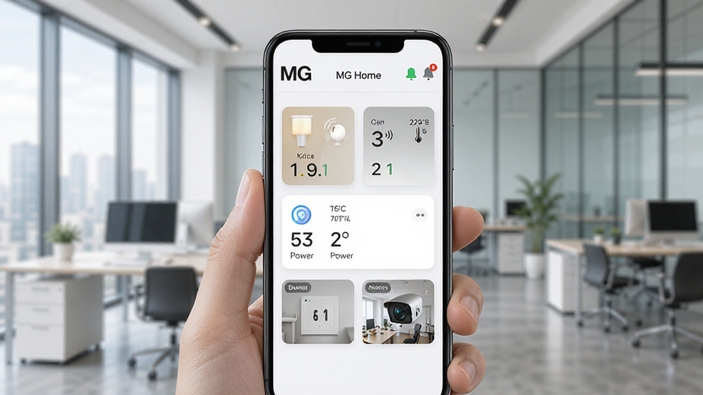 MG Home���ܼҾӹ�������Զ�̼�ع���չʾ���������ֻ���Ļ��ʾMG HomeӦ���豸״̬ҳ�棬��Ļ���ж���豸״̬��Ƭ�������ƹ�״̬���յ��¶ȡ��������ʺ�����ͷ��������ͼ����Ļ�Ϸ���֪ͨ����ͼ�꣬�����ǰ칫�ҳ���������ִ����񣬲����������򣬻��������ɾ����޶���Ԫ��