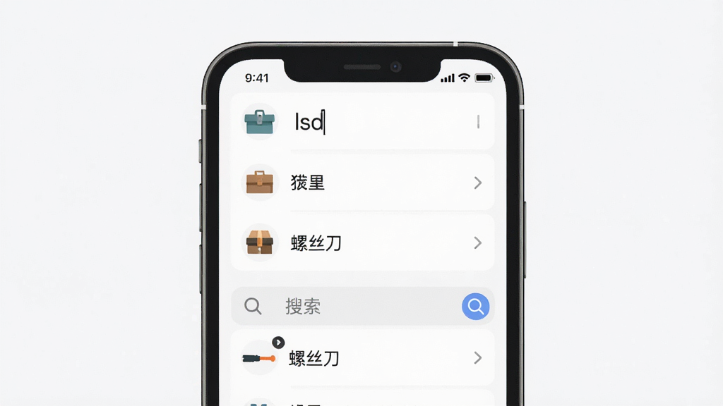 杂物柜 使用技巧展示图,画面展示一个手机屏幕,屏幕内是物品列表和搜索框,搜索框内输入拼音首字母“lsd”,下方显示“螺丝刀”搜索结果,背景为白色,风格为扁平化UI,细节清晰,画质干净无多余元素
