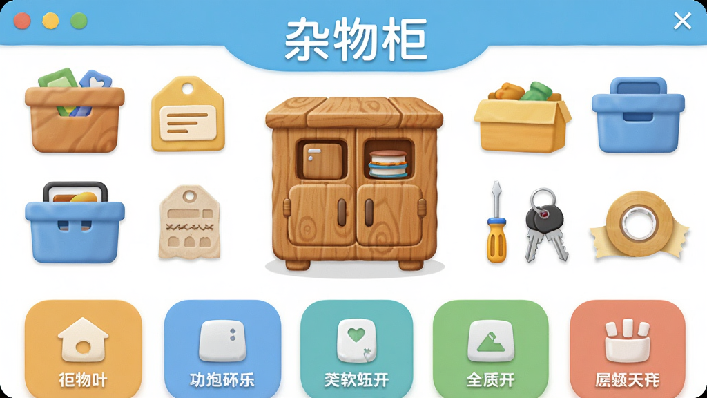 杂物柜 软件主界面全貌展示,一个木质质感的柜子图标位于画面中央,周围环绕着各类收纳盒、标签、螺丝刀、钥匙、胶带等物品图标,布局为上下结构,上方是软件名称“杂物柜”,下方是功能入口,风格为扁平化插画风,细节圆润干净,画质清晰无多余元素
