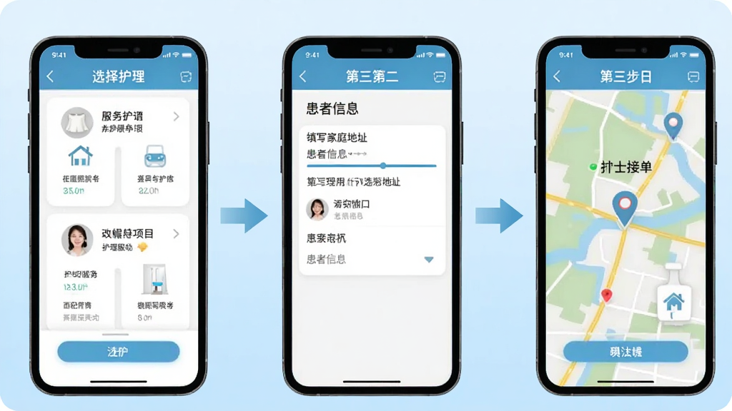 燕尾帽护理上门新手操作流程图,画面分为三个步骤,第一步手机屏幕显示选择护理服务项目,第二步填写家庭地址和患者信息,第三步显示护士接单后地图追踪界面,三个手机界面并排展示,用箭头连接,背景是浅蓝色渐变,风格简洁明了,画质清晰无多余元素