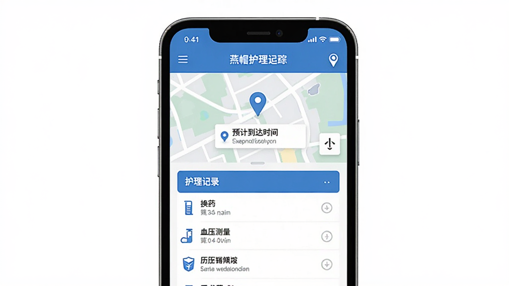 燕尾帽护理上门订单追踪与健康档案界面,手机屏幕显示燕尾帽护理上门APP的订单追踪页面,上方是地图定位显示护士当前位置和预计到达时间,下方是护理记录列表展示换药、血压测量等历史记录,界面以蓝色和白色为主,布局清晰,风格现代扁平,画质干净无多余元素