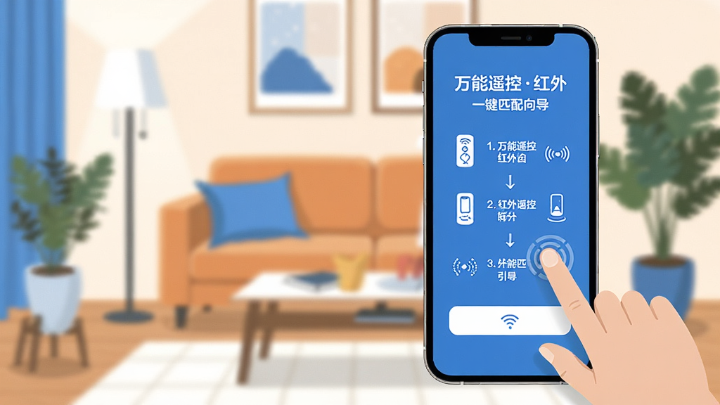 一张展示万能遥控红外App智能匹配引导界面的图片,画面中手机屏幕显示“万能遥控红外”的一键匹配向导,有清晰的步骤提示和按钮,旁边有手指点击屏幕的示意,背景是温馨的居家客厅,风格现代扁平,蓝白配色,画质干净,无多余元素