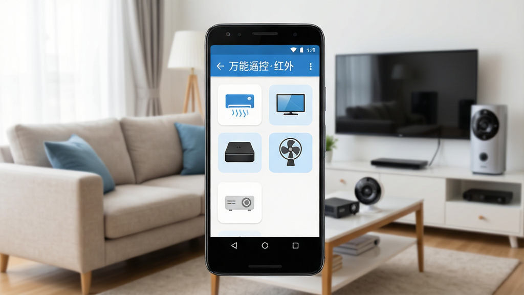 一张手机红外遥控应用的主界面展示图,画面中央是一部安卓手机,手机屏幕上显示“万能遥控红外”App的首页界面,界面中有空调、电视、机顶盒、风扇、投影仪等家电图标整齐排列,背景是温馨的客厅场景,沙发和茶几上有真实家电,整体风格现代简洁,蓝白配色,光线明亮柔和,画质干净清晰,无多余元素