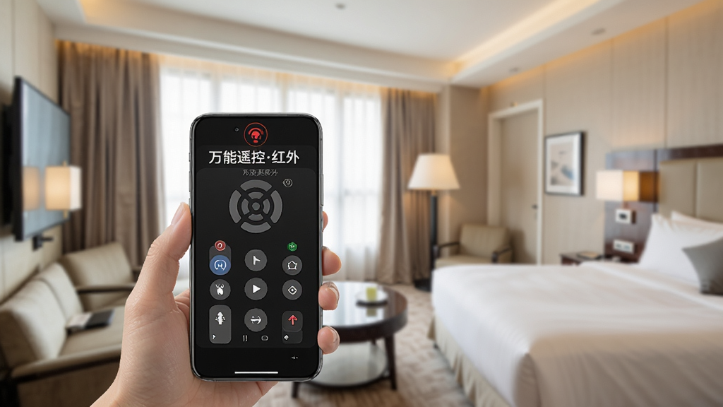 一张展示万能遥控红外App离线使用场景的图片,画面中一部手机在户外或酒店房间内遥控空调,手机屏幕显示“万能遥控红外”的遥控界面,手机顶部有红外发射图标,背景是酒店房间环境,风格写实明亮,画质干净,无多余元素