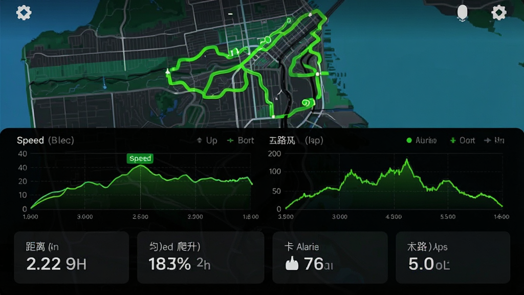 һ��չʾCYCPLUS Ride������������ҳ���ֻ���ͼ�����涥�������й켣��ͼ����ͼ����ӫ����ɫ��·�߹켣���м�����չʾ�ٶ�����ͼ�ͺ��α仯ͼ���ײ��Ǳ������еĹؼ����ݿ�Ƭ���������롢���١���������·��ȡ��������˶���ǿ����ɫ��������ӫ���������ߣ�ͼ�������׶������ʸɾ��޶���Ԫ�ء�
