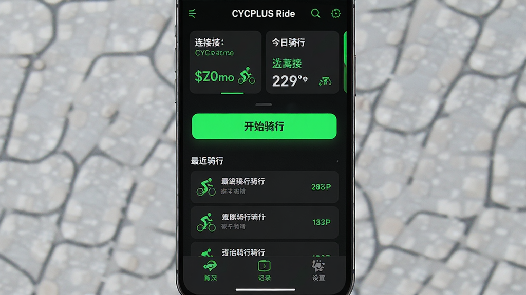 һ��չʾCYCPLUS RideӦ����������ֻ���Ļ��ͼ������������Ӧ����������Ǳ���ҳ�棬������ʾ�豸����״̬�ͽ����������ݿ�Ƭ���м�����Ŀ�ġ���ʼ���С���ť��������м�¼�б����ײ�Ϊ�豸����¼����������������ǩ�����������ִ�������ɫ��������ӫ���̵�׺��ͻ���˶��Ƽ��У��������������ʸɾ����޶���Ԫ�ء�