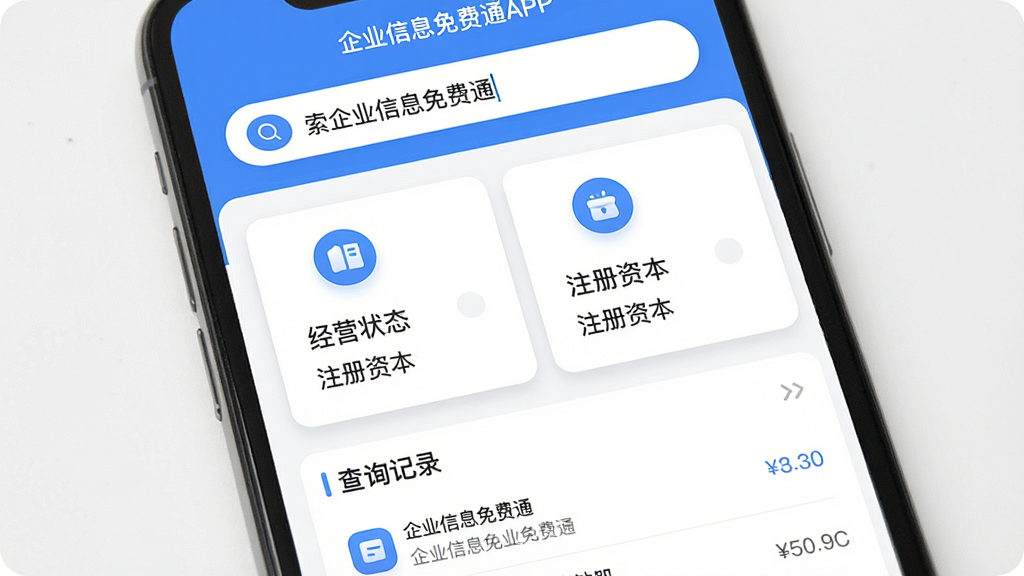 ������һ���ֻ���Ļչʾ��ҵ��Ϣ���ͨAPP�������棬����Ϊ����������������ҵ���ƣ��м���ʾ��ҵ������Ϣ��Ƭ������Ӫ״̬��ע���ʱ����ײ�Ϊ��ѯ��¼�б����Ű�������η��������Ϊ�ִ���Լ��ƽ����ƣ�ϸ���ϲ���������ɫ��ͼ��Բ�󡢿�Ƭ����΢��Ӱ������Ϊ����1080P�ɾ��޶���Ԫ�أ����������ְ�������ҵ��Ϣ���ͨ��