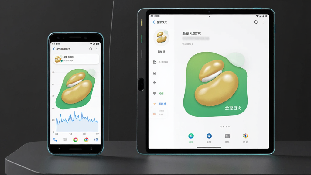 主体是一部安卓手机和一台平板电脑并排放在桌面上,两台设备都显示金豆荚的界面,手机屏幕显示运行流畅的帧率曲线。布局是左右并排。风格是极简科技风。细节上设备边框有微光,背景是深灰色。画质干净,无多余元素。