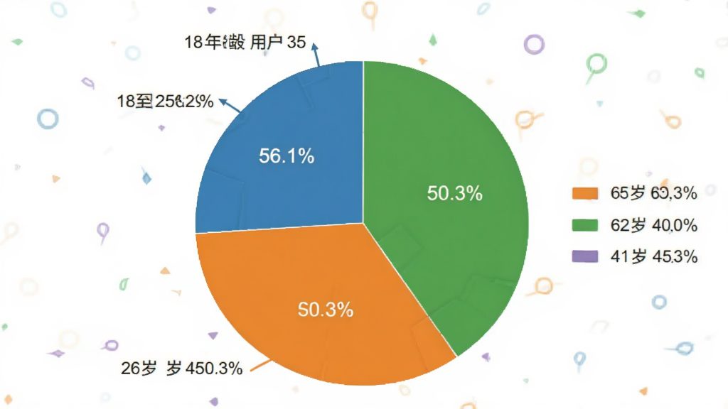 主体是一个饼状图,显示不同年龄段用户占比,18到25岁占百分之二十五,26到40岁占百分之四十,41到60岁占百分之三十五。布局是居中图表。风格是扁平化数据可视化。细节上颜色区分明显,有图例标注。画质干净,无多余元素。