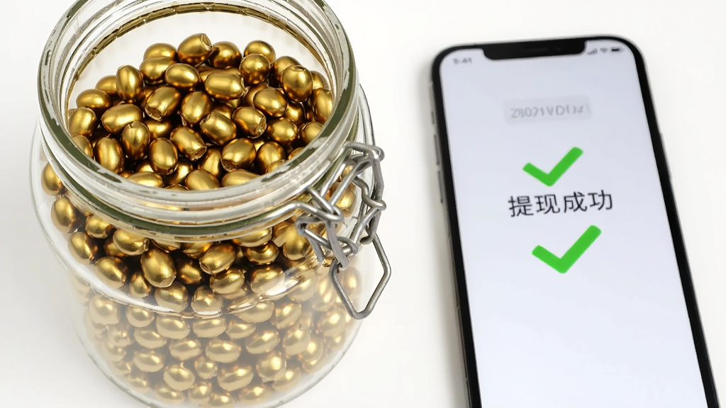 主体是一个透明的玻璃罐子,里面装满了金色的豆子,罐子旁边放着手机,手机屏幕上显示提现成功的通知。布局是左右结构,左边罐子右边手机。风格是写实商业摄影。细节上豆子有金属光泽,手机屏幕显示绿色的成功对勾。画质高清,背景是干净的白色桌面,无多余元素。