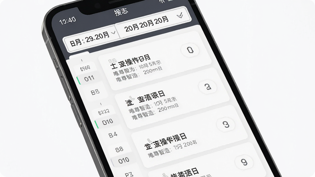 唯尊智造操作日志界面,主体为手机屏幕显示按时间排序的日志条目列表,布局上方是日期筛选栏,中间是日志卡片,排版工整,风格简约实用,细节清晰,画质干净无多余元素