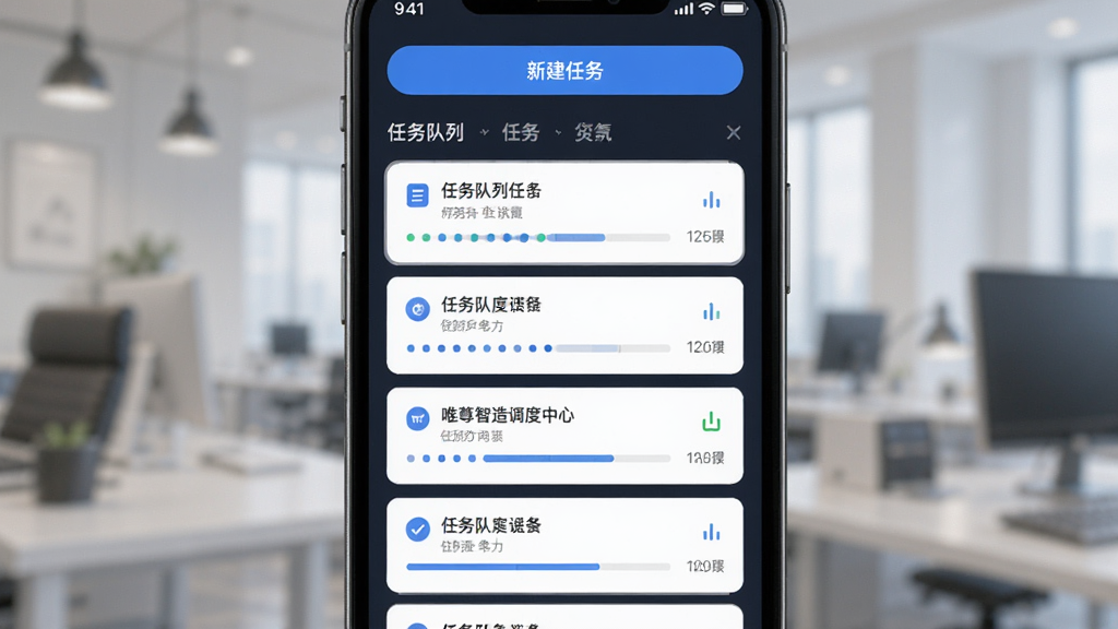 唯尊智造任务调度中心界面,主体为手机屏幕显示任务队列列表和进度条,布局上方是新建任务按钮,中间是任务卡片,排版层次分明,风格简洁商务,细节规整,画质干净无多余元素