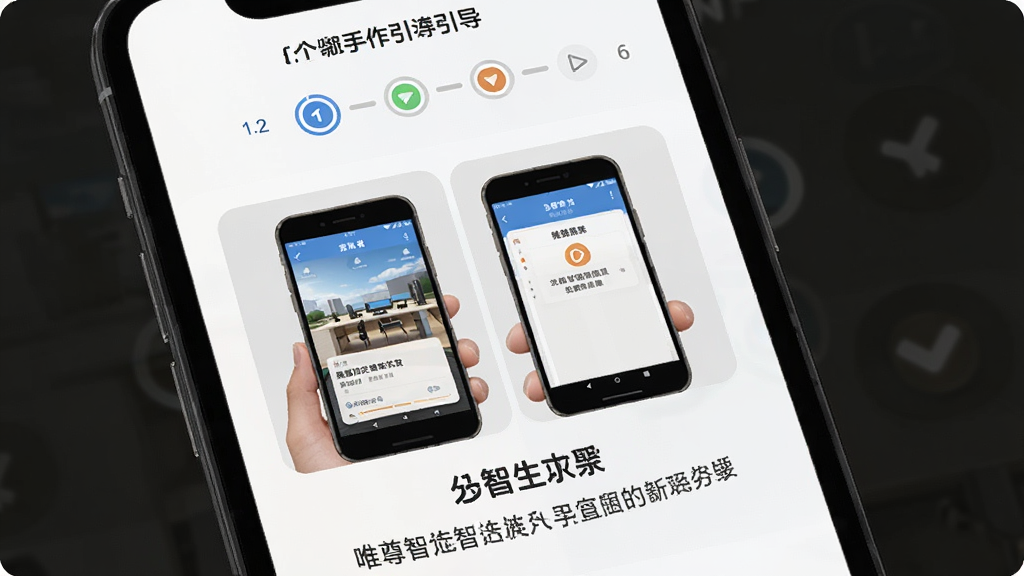 唯尊智造新手操作引导界面,主体为手机屏幕显示分步操作图示,布局上方是步骤指示器,中间是操作截图和文字说明,排版清晰易读,风格友好引导,细节明确,画质干净无多余元素