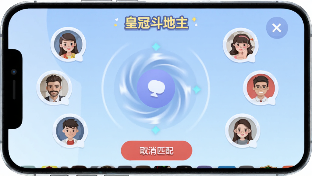 �ʹڶ���������ƥ����棬����չʾ�ֻ���Ļ��������ת��ƥ�䶯������Χ�����Ŷ�����ͷ�����ݣ������ǵ���ɫ���䣬�ײ���ȡ��ƥ�䰴ť��������ʾ�ʹڶ��������ֱ�ʶ���������ִ���ƽ��ɫ����ͣ����ʸɾ��޶���Ԫ��