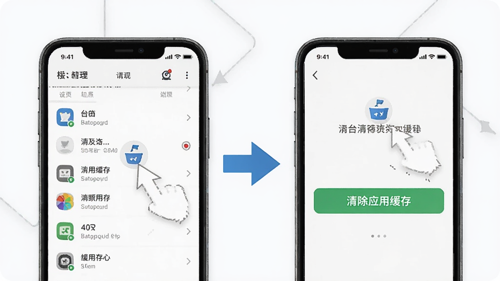 一张展示手机清理后台和清除应用缓存的步骤示意图,画面中有手机屏幕截图,分别显示后台应用列表和清除缓存按钮,旁边有箭头指示操作步骤,背景简洁,风格清晰明了