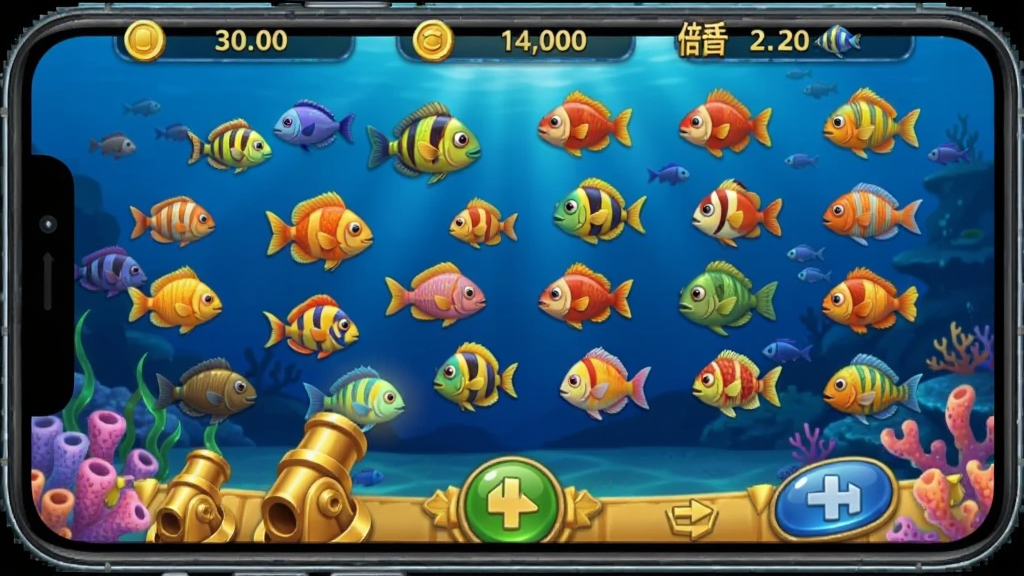 一张手机横屏游戏界面截图,画面中央是姚记捕鱼的游戏场景,深海蓝色背景,有各种色彩鲜艳的鱼类游动,底部是金色的炮台和发射按钮,屏幕上方显示金币数量和倍数,整体风格明亮欢快,画质清晰干净,无多余元素
