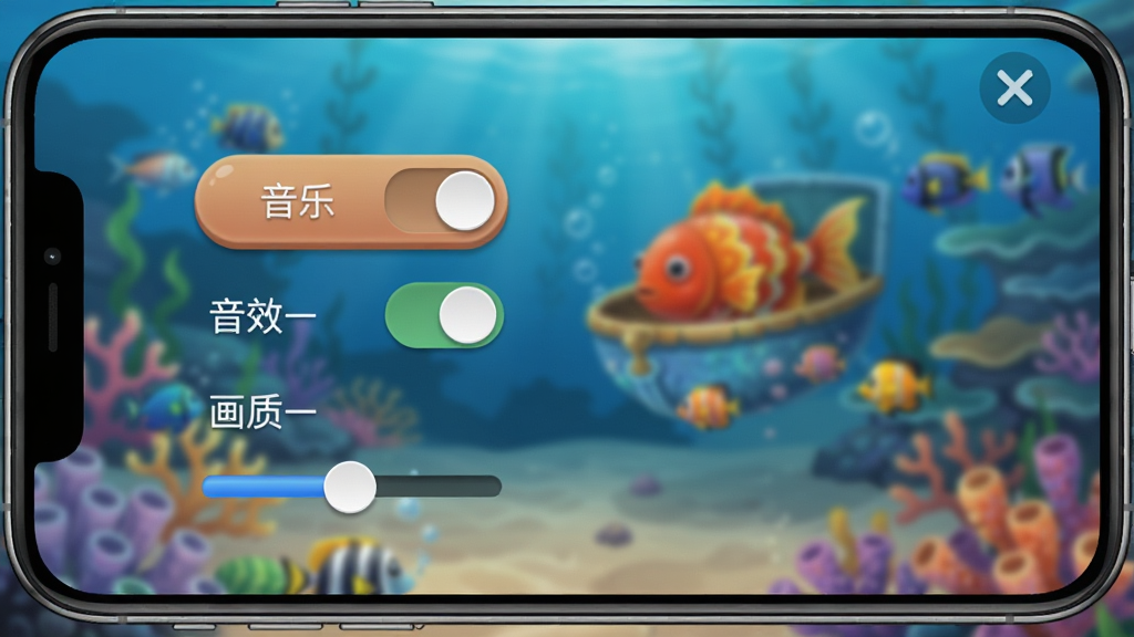 一张姚记捕鱼游戏音效设置和画面设置界面的手机截图,界面展示音乐开关、音效开关、画质调节滑块等选项,背景是模糊的海底世界,UI设计简洁,按钮圆润,画质干净