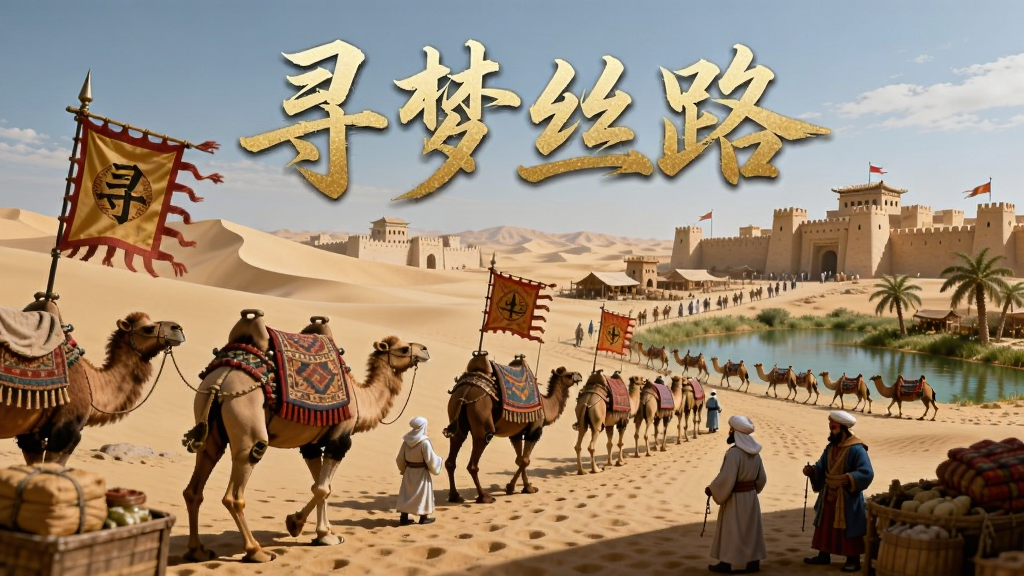 一幅横版数字插画,画面中央是古代丝绸之路的繁华场景,有骆驼商队、沙漠、绿洲和远处的城关,画面正上方用金色立体字写着“寻梦丝路”,整体布局开阔大气,风格采用唯美中国风与轻度写实结合,细节上刻画商队旗帜、货物和人物服饰纹理,画质高清,画面干净,无多余元素