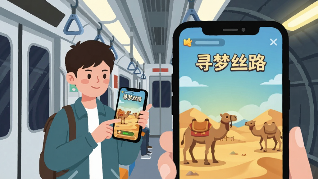 一幅卡通风格的通勤场景插画,画面主体是一个年轻人站在地铁车厢里拿着手机,手机屏幕上显示“寻梦丝路”的游戏界面,界面中有骆驼和沙漠元素,布局上人物在左侧,手机屏幕特写放大于右侧,风格扁平化插画,细节上车厢扶手和窗外隧道光线有刻画,画质干净,无多余元素