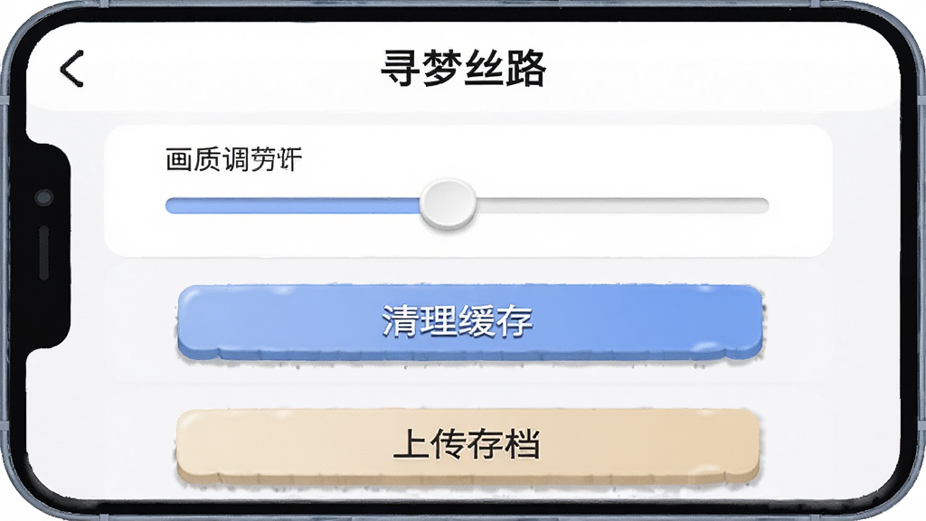 一幅手机屏幕截图风格的插画,画面展示“寻梦丝路”的设置界面,界面中有画质调节滑块、清理缓存按钮和上传存档选项,布局采用列表式排版,风格简洁现代,细节上按钮有微立体效果,画质干净,无多余元素