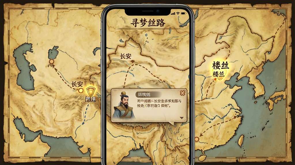 一幅竖版手机界面展示图,画面主体是“寻梦丝路”游戏内的地图界面,背景是泛黄的羊皮纸地图,上面标注了长安、敦煌、楼兰等节点,其中一个节点被点亮并弹出剧情对话框,对话框内有古代人物立绘,布局采用居中排版,风格复古手绘,细节上地图有做旧纹理和路线虚线,画质清晰,画面干净,无多余元素