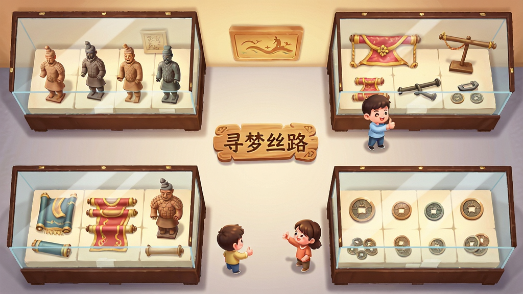 一幅俯视视角的展馆内部场景插画,画面布局分为几个展区,展柜里陈列着陶俑、丝绸、钱币等物品,画面中有两个卡通风格的小人正在互相点赞,画面正中央有“寻梦丝路”的木质牌匾,风格温馨明亮,细节上展柜有玻璃反光质感,画质干净,无多余元素