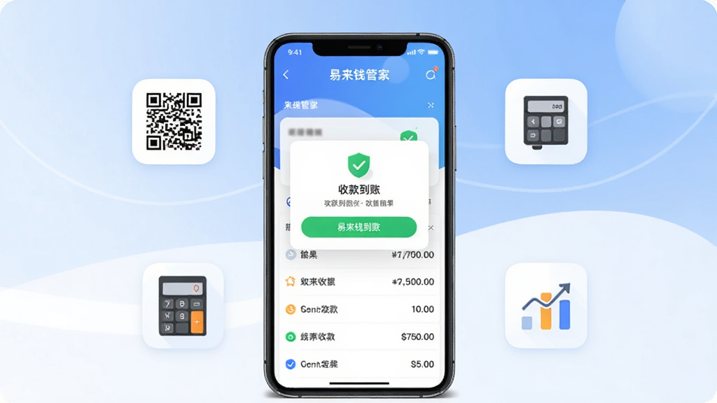 一张展示易来钱管家App核心功能的宣传图,画面中央是手机屏幕,屏幕内显示收款到账的提示弹窗和清晰的账单列表,手机周围环绕着收款二维码图标、计算器图标和统计图表图标,背景是柔和的蓝白渐变,整体风格简洁现代,画质干净清晰,无多余元素