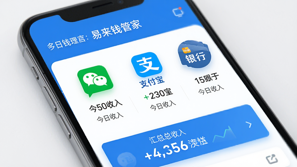 一张展示易来钱管家多账户管理界面的AI生图,画面中手机屏幕显示一个仪表盘界面,上面有微信、支付宝、银行卡三个账户的图标和各自的今日收入金额,下方是汇总的总收入数字,界面设计清爽,蓝白配色,布局整齐,画质干净,无多余元素