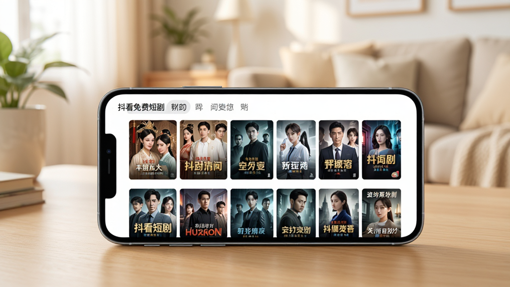 一部手机放在桌面上,屏幕显示“抖看免费短剧”App的首页界面,页面中排列着多部短剧的封面海报,包含古装、现代、悬疑等不同风格,顶部有分类标签,背景是温馨的居家环境,风格明亮清新,画质清晰干净无多余元素