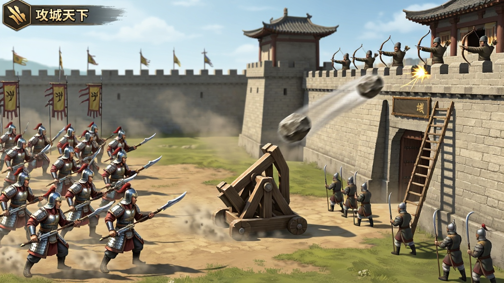 攻城天下游戏内攻城战斗场景,画面左侧是玩家军队列阵,右侧是敌方城池,城墙上有弓箭手向下射击,城门外有步兵正在架设云梯,画面中央有投石车抛出的石块正在飞向城墙,整体布局为横向对战视角,风格为写实国风,细节包括士兵盔甲反光、尘土飞扬效果,画质干净无多余元素