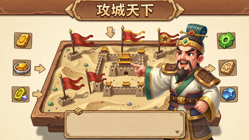 攻城天下游戏内新手引导界面,画面中央是一个古代军师角色正在指着沙盘讲解,沙盘上插着小旗子代表城池,周围有资源图标和箭头指示,布局为上方标题栏、中间沙盘区域、下方文字提示框,风格为卡通国风,细节包括沙盘纹理、旗子飘动效果,画质干净无多余元素