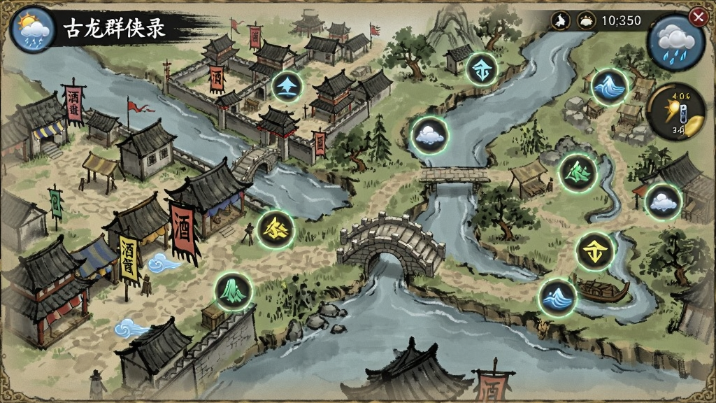 古龙群侠录江湖地图探索生图,画面展示古龙群侠录游戏中的大地图界面,以俯视角度呈现古代城镇和野外场景,有河流、石桥、酒旗、驿站等元素,地图上散布着发光的奇遇图标,界面边缘有天气和时辰显示,水墨武侠风格,布局疏密有致,画质清晰