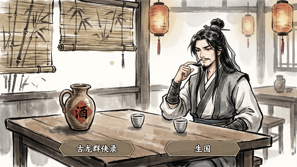 古龙群侠录剧情选择界面生图,画面展示古龙群侠录游戏中一个古风酒馆场景,桌上放着酒壶和酒杯,对面坐着陆小凤正在用手指夹着胡子,玩家角色以第一人称视角面对他,屏幕下方弹出两个对话选项按钮,背景有竹帘和灯笼,水墨淡彩风格,布局清晰,画质干净