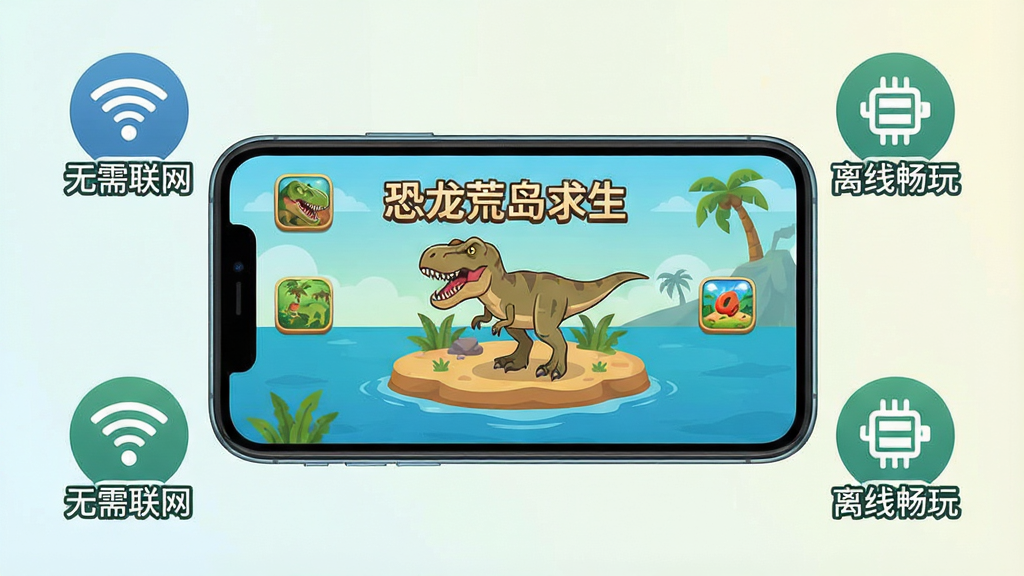 一张展示恐龙荒岛求生离线单机特性的图片,画面主体是一部智能手机屏幕显示游戏主界面,屏幕周围有“无需联网”“离线畅玩”的图标标识,背景是简洁的浅色渐变,布局为居中构图,风格为扁平化UI展示风格,细节包括手机边框、游戏图标、文字标签,画质干净清晰,无多余元素,画面中带有“恐龙荒岛求生”文字