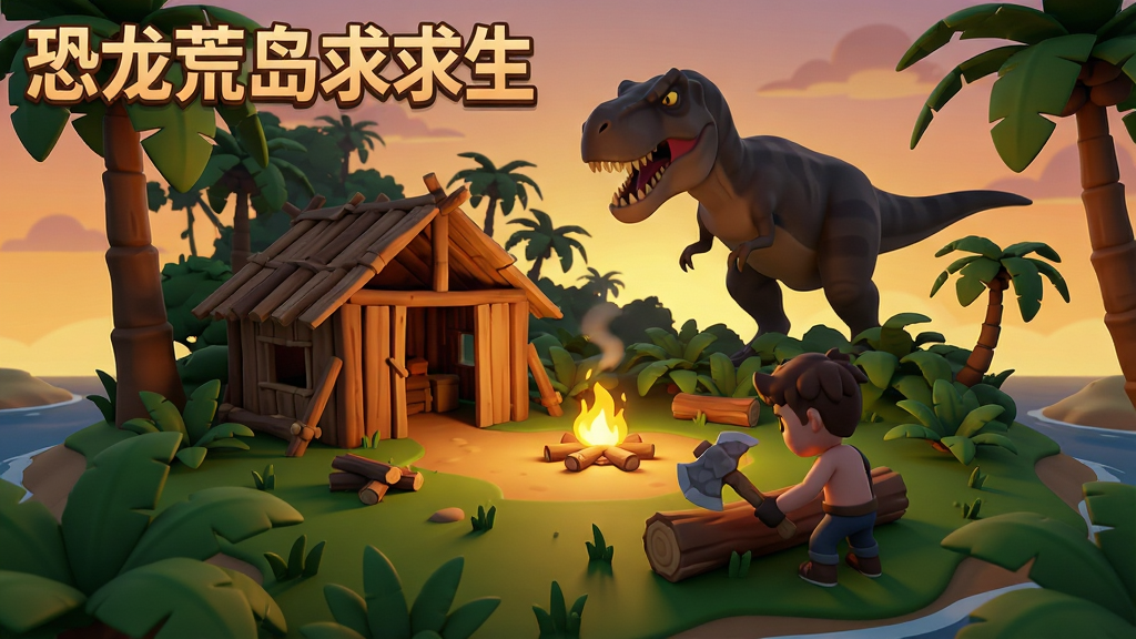 一张展示恐龙荒岛求生游戏核心场景的图片,画面主体是一片茂密的原始丛林荒岛,中间有简易木制庇护所和篝火,远处有一只巨大的恐龙剪影,近处有角色手持石斧正在采集木材,天空呈现黄昏色调,整体风格为3D卡通渲染,布局为横向宽幅构图,画质清晰干净,无多余元素,画面中带有“恐龙荒岛求生”文字标题