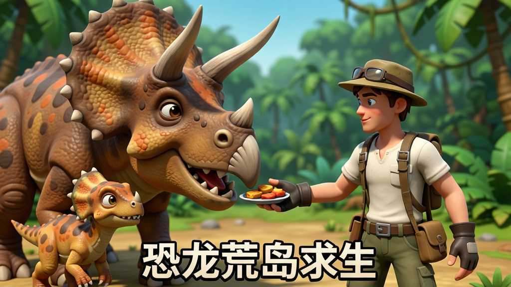 一幅恐龙荒岛求生驯服恐龙的AI生成图,画面主体是一名玩家角色正在用食物喂食一只三角龙,三角龙旁边还有一只小恐龙幼崽,背景是丛林空地,布局为近景特写,风格为3D卡通写实风格,细节包括恐龙皮肤纹理、角色服饰、食物道具,画质高清干净,无多余元素,画面下方带有“恐龙荒岛求生”文字
