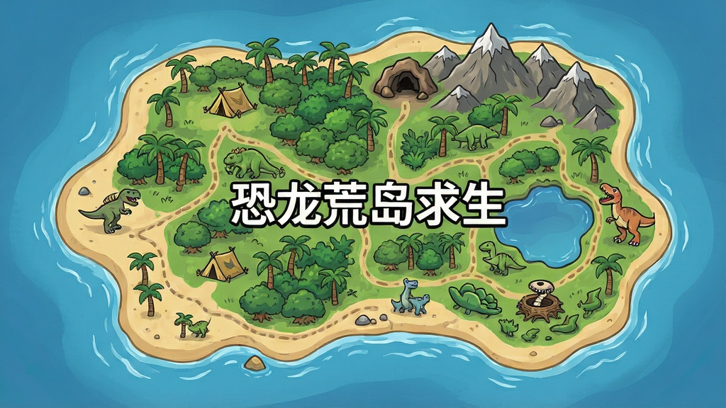 一幅展示恐龙荒岛求生开放世界地图的AI生成图,画面主体是一个俯视角度的热带岛屿全貌,岛屿上分布着沙滩、丛林、山脉和湖泊,地图上标注了多个探索区域图标,如营地、洞穴、恐龙巢穴等,布局为全景俯视,风格为手绘卡通地图风格,细节包括树木纹理、海岸线波浪、路径线条,画质高清干净,无多余元素,画面中央带有“恐龙荒岛求生”文字