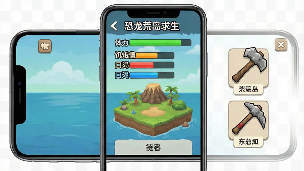 一张恐龙荒岛求生新手操作界面的示意图,画面主体是手机屏幕显示游戏内新手引导界面,标注了体力条、饥饿值、口渴值等状态栏,旁边有石斧和石镐的图标,布局为竖屏手机截图样式,风格为游戏UI说明图,细节包括状态条颜色、工具图标、文字标注,画质清晰干净,无多余元素,画面中带有“恐龙荒岛求生”文字