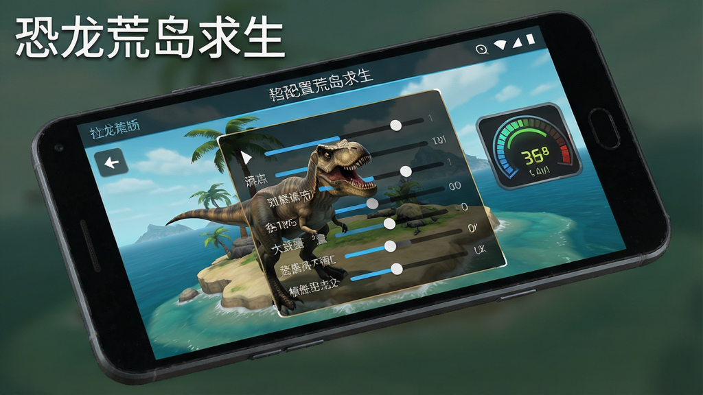 一幅展示恐龙荒岛求生低配置优化的AI生成图,画面主体是一部中端安卓手机正在运行游戏,屏幕显示游戏设置界面中的画质调节选项,旁边有性能仪表盘图标,布局为斜侧视角展示,风格为科技感UI风格,细节包括设置滑块、帧率显示、手机外观,画质清晰干净,无多余元素,画面中带有“恐龙荒岛求生”文字
