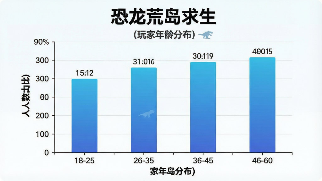 一幅恐龙荒岛求生玩家年龄分布的柱状图,画面主体是一个数据图表,横轴标注年龄段18-25、26-35、36-45、46-60,纵轴标注人数占比,柱状颜色为蓝色渐变,布局为居中构图,风格为简洁数据可视化风格,细节包括坐标轴标签、数值标注、标题文字,画质清晰干净,无多余元素,图表上方带有“恐龙荒岛求生”文字