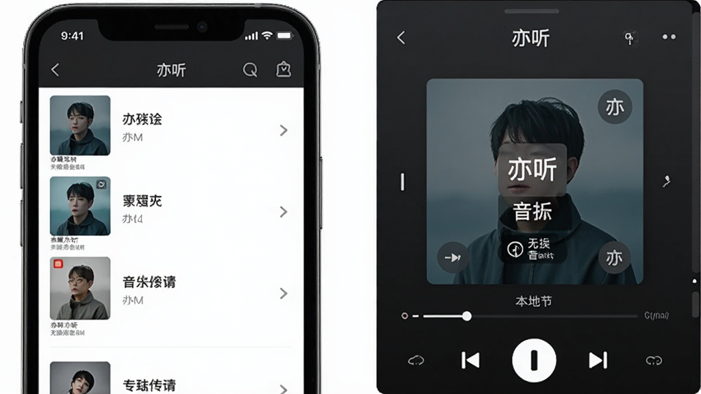 一张展示亦听本地音乐管理功能的图片,画面左侧是手机屏幕显示歌曲列表按专辑分类,右侧是播放界面展示无损音质标识,背景是深色主题,界面中带有“亦听”字样,风格现代简约,画质清晰干净