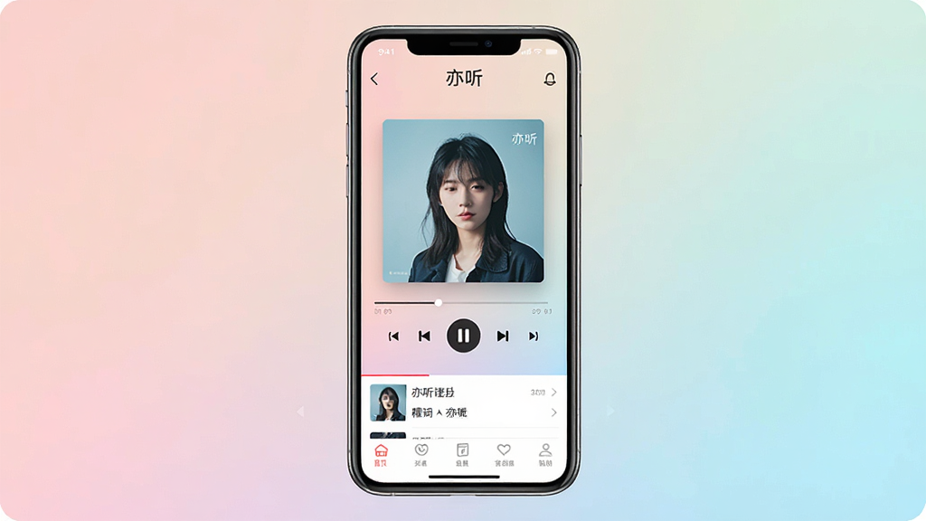 一张展示亦听App整体界面的图片,画面中央是手机屏幕,屏幕内显示亦听的音乐播放主界面,顶部有“亦听”文字标识,中间是专辑封面和播放控制按钮,底部是播放列表和导航栏,背景是柔和的渐变色调,整体风格简洁清新,画质干净清晰,无多余元素