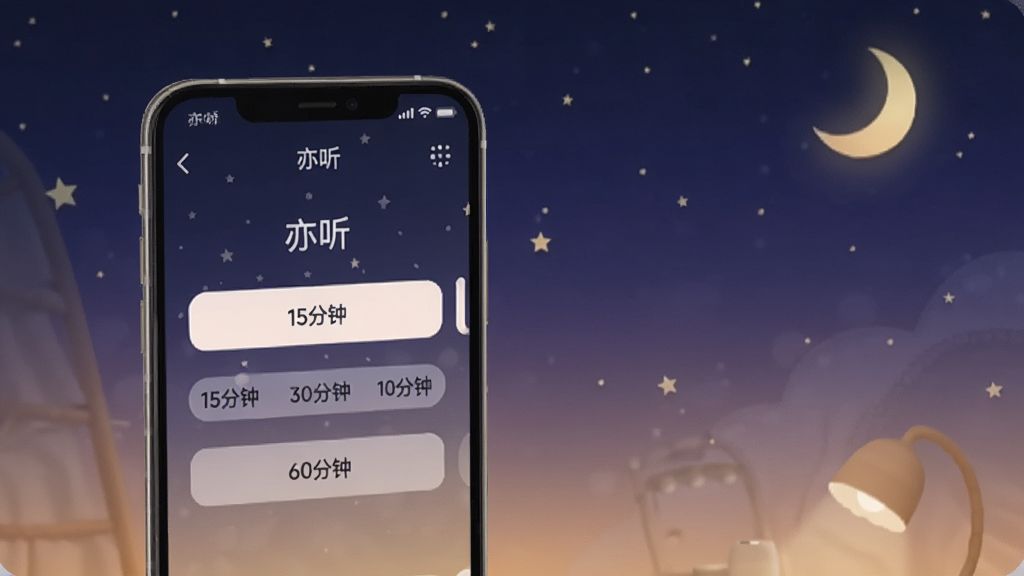 一张展示亦听睡眠定时和后台播放功能的图片,画面中手机屏幕显示睡眠定时设置界面,有15分钟、30分钟、60分钟等选项,背景是夜晚星空色调,界面中有“亦听”文字,风格温馨舒适,画质干净无多余元素